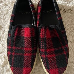 Saint Laurent Red and Black Plaid Slip-On Shoes